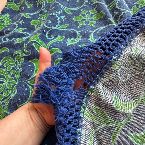 Vintage 70s bedspread, peacock blue, green abstract floral, fringed, twin size - Picture 6 of 7